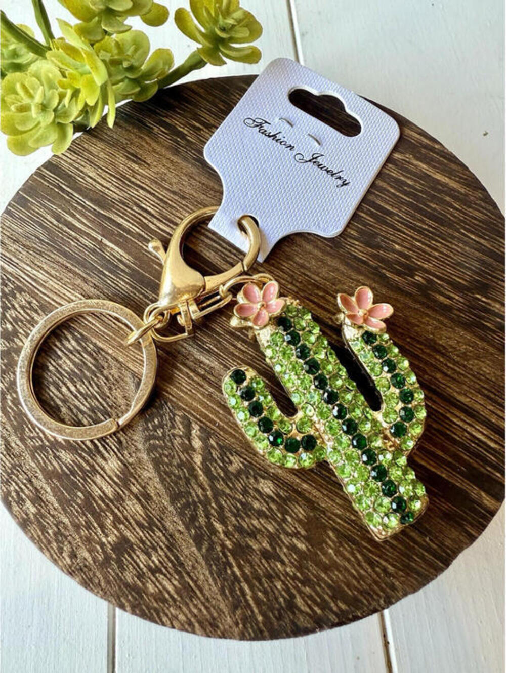 Green Cactus Rhinestone Keychain Charm Pink Flower Bling Purse Bag Accessory NEW